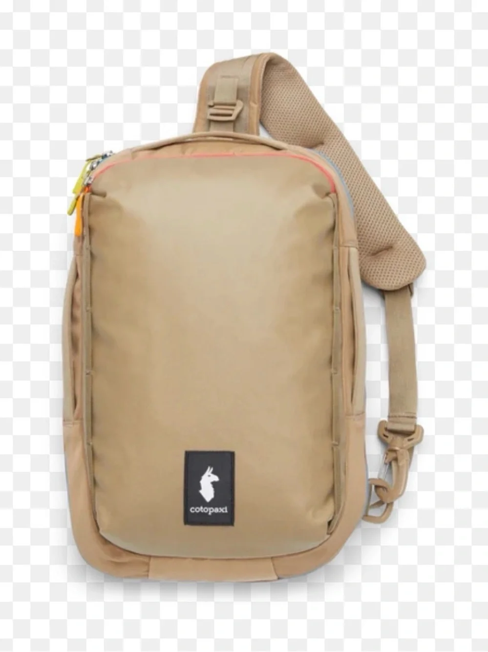 cotopaxi Tan Backpack with Blue Zipper and Multicolor Pulls